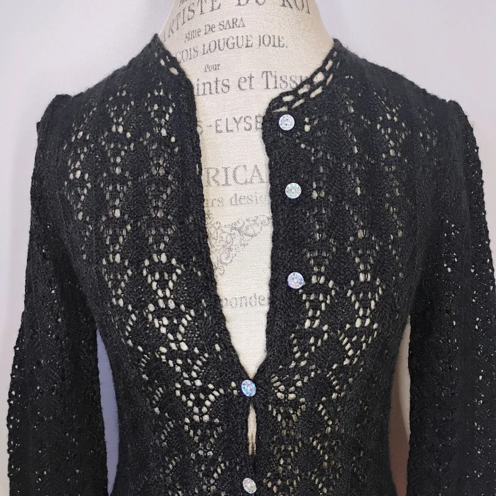 Vtg Dress Du Jour Open Knit Wool Cardigan Black Womens Small Whimsigoth Retro